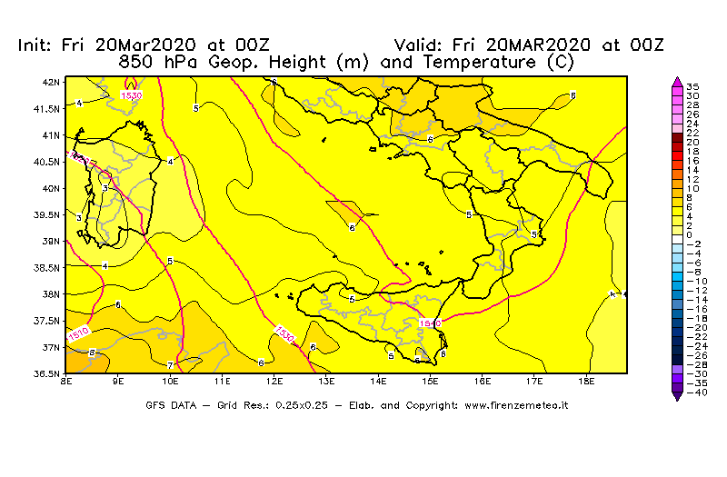 Mappa di analisi GFS - Geopotenziale [m] e Temperatura [°C] a 850 hPa in Sud-Italia
							del 20/03/2020 00 <!--googleoff: index-->UTC<!--googleon: index-->