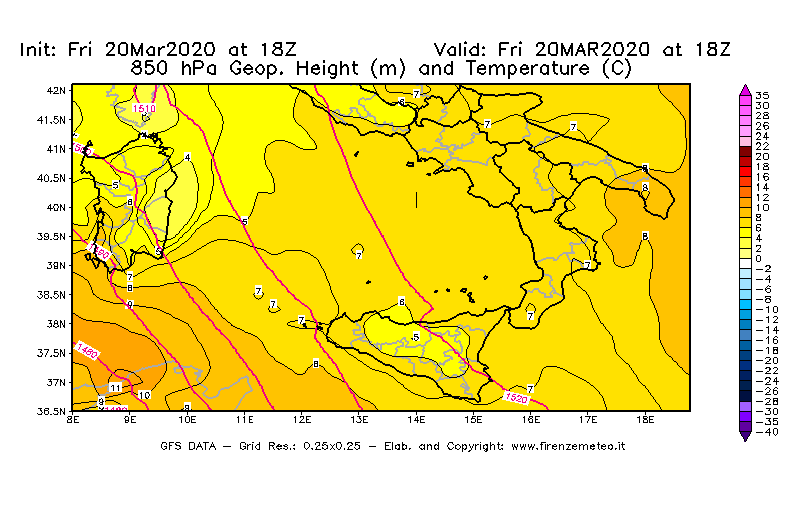 Mappa di analisi GFS - Geopotenziale [m] e Temperatura [°C] a 850 hPa in Sud-Italia
									del 20/03/2020 18 <!--googleoff: index-->UTC<!--googleon: index-->