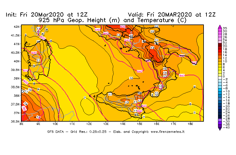 Mappa di analisi GFS - Geopotenziale [m] e Temperatura [°C] a 925 hPa in Sud-Italia
									del 20/03/2020 12 <!--googleoff: index-->UTC<!--googleon: index-->