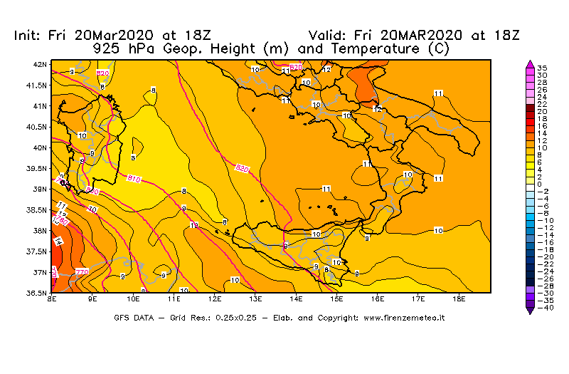 Mappa di analisi GFS - Geopotenziale [m] e Temperatura [°C] a 925 hPa in Sud-Italia
									del 20/03/2020 18 <!--googleoff: index-->UTC<!--googleon: index-->