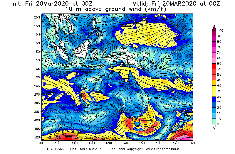 Mappa di analisi GFS - Velocità del vento a 10 metri dal suolo [km/h] in Oceania
							del 20/03/2020 00 <!--googleoff: index-->UTC<!--googleon: index-->