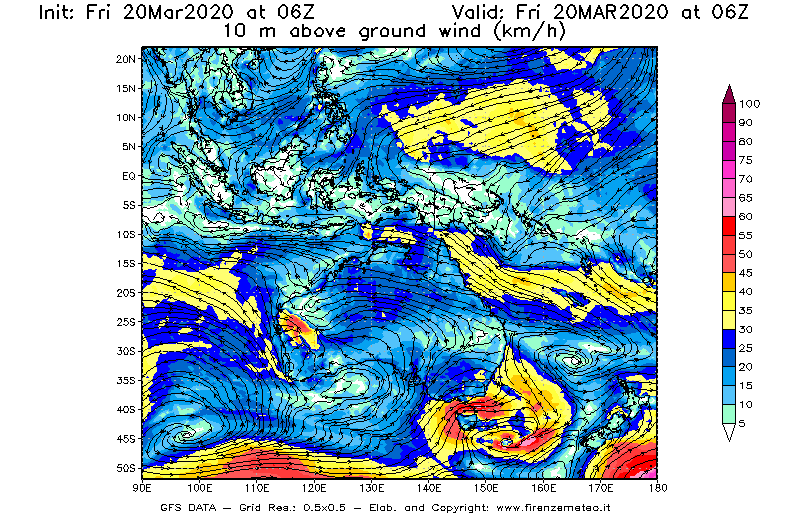 Mappa di analisi GFS - Velocità del vento a 10 metri dal suolo [km/h] in Oceania
									del 20/03/2020 06 <!--googleoff: index-->UTC<!--googleon: index-->