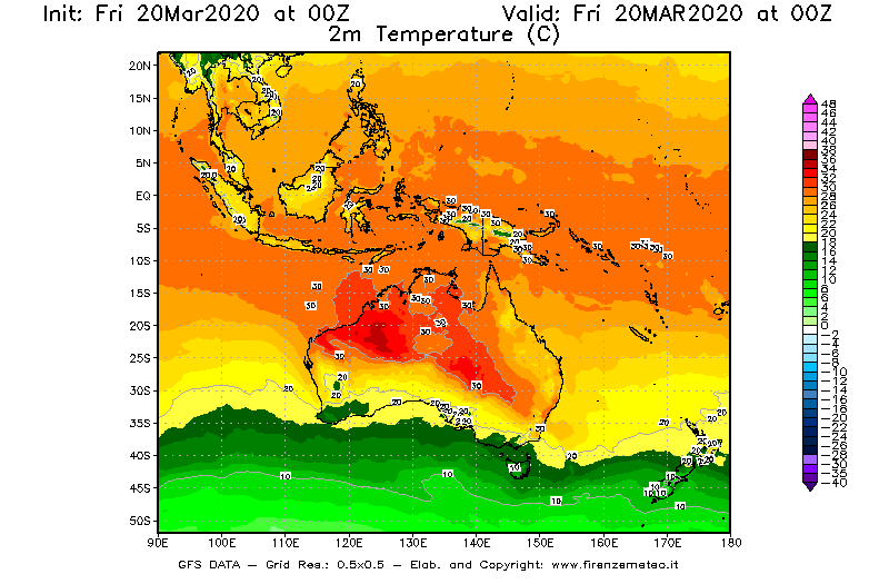 Mappa di analisi GFS - Temperatura a 2 metri dal suolo [°C] in Oceania
							del 20/03/2020 00 <!--googleoff: index-->UTC<!--googleon: index-->