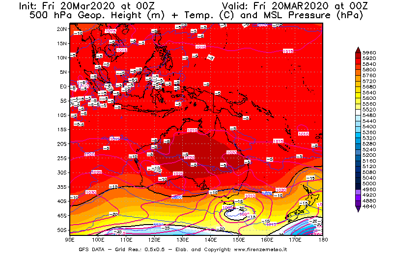 Mappa di analisi GFS - Geopotenziale [m] + Temp. [°C] a 500 hPa + Press. a livello del mare [hPa] in Oceania
									del 20/03/2020 00 <!--googleoff: index-->UTC<!--googleon: index-->