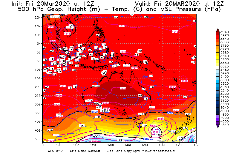 Mappa di analisi GFS - Geopotenziale [m] + Temp. [°C] a 500 hPa + Press. a livello del mare [hPa] in Oceania
									del 20/03/2020 12 <!--googleoff: index-->UTC<!--googleon: index-->