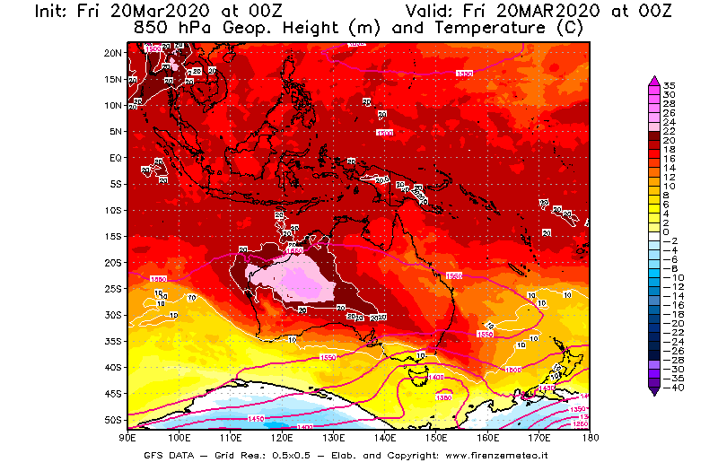 Mappa di analisi GFS - Geopotenziale [m] e Temperatura [°C] a 850 hPa in Oceania
							del 20/03/2020 00 <!--googleoff: index-->UTC<!--googleon: index-->