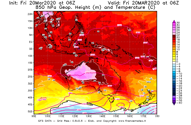 Mappa di analisi GFS - Geopotenziale [m] e Temperatura [°C] a 850 hPa in Oceania
							del 20/03/2020 06 <!--googleoff: index-->UTC<!--googleon: index-->
