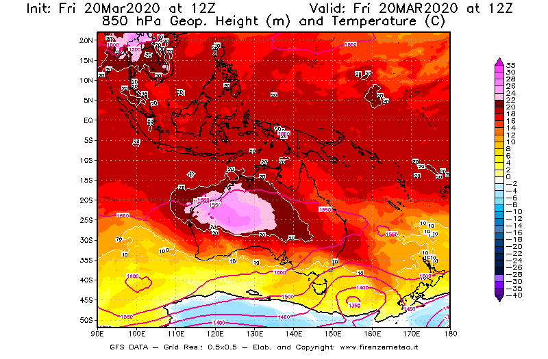 Mappa di analisi GFS - Geopotenziale [m] e Temperatura [°C] a 850 hPa in Oceania
							del 20/03/2020 12 <!--googleoff: index-->UTC<!--googleon: index-->