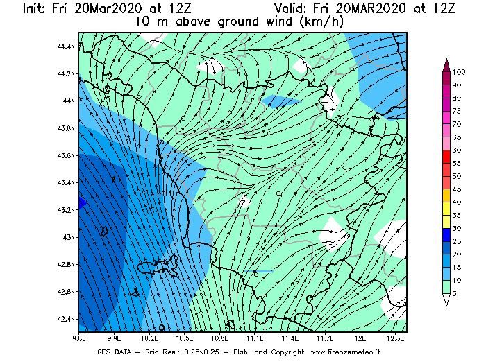 Mappa di analisi GFS - Velocità del vento a 10 metri dal suolo [km/h] in Toscana
							del 20/03/2020 12 <!--googleoff: index-->UTC<!--googleon: index-->