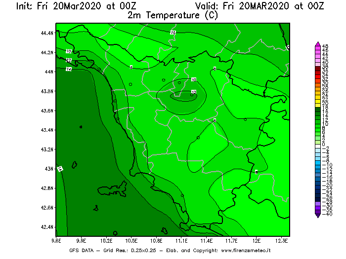 Mappa di analisi GFS - Temperatura a 2 metri dal suolo [°C] in Toscana
									del 20/03/2020 00 <!--googleoff: index-->UTC<!--googleon: index-->