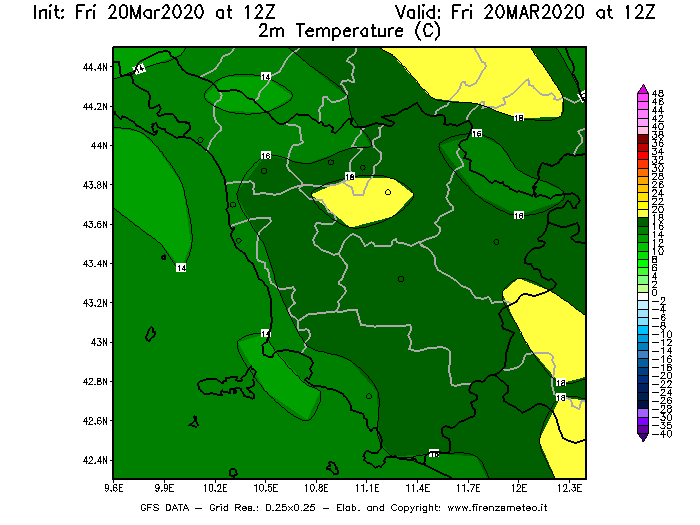 Mappa di analisi GFS - Temperatura a 2 metri dal suolo [°C] in Toscana
							del 20/03/2020 12 <!--googleoff: index-->UTC<!--googleon: index-->