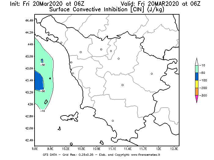 Mappa di analisi GFS - CIN [J/kg] in Toscana
							del 20/03/2020 06 <!--googleoff: index-->UTC<!--googleon: index-->