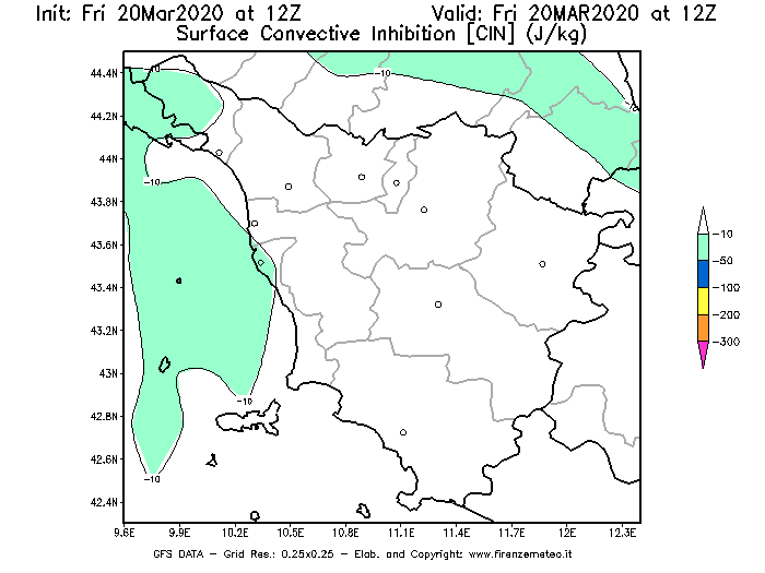 Mappa di analisi GFS - CIN [J/kg] in Toscana
							del 20/03/2020 12 <!--googleoff: index-->UTC<!--googleon: index-->
