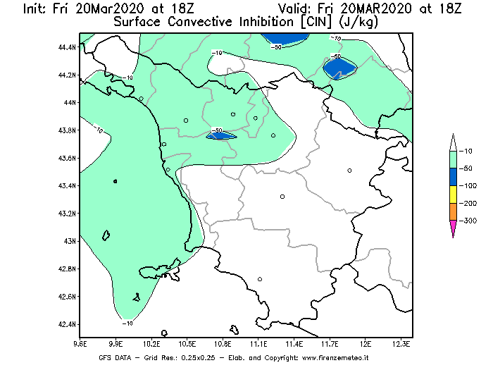 Mappa di analisi GFS - CIN [J/kg] in Toscana
									del 20/03/2020 18 <!--googleoff: index-->UTC<!--googleon: index-->