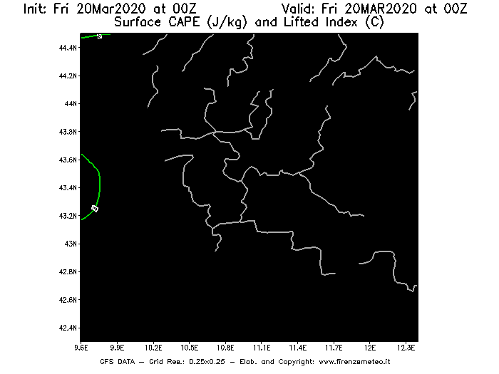 Mappa di analisi GFS - CAPE [J/kg] e Lifted Index [°C] in Toscana
							del 20/03/2020 00 <!--googleoff: index-->UTC<!--googleon: index-->