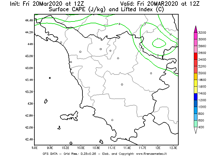 Mappa di analisi GFS - CAPE [J/kg] e Lifted Index [°C] in Toscana
									del 20/03/2020 12 <!--googleoff: index-->UTC<!--googleon: index-->