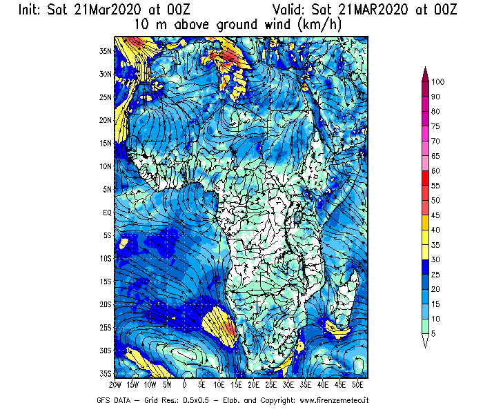 Mappa di analisi GFS - Velocità del vento a 10 metri dal suolo [km/h] in Africa
									del 21/03/2020 00 <!--googleoff: index-->UTC<!--googleon: index-->