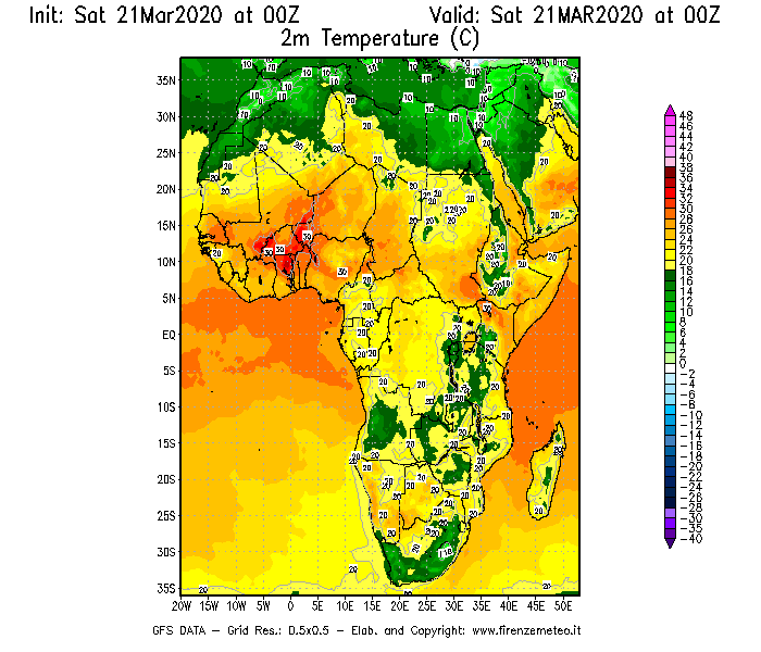 Mappa di analisi GFS - Temperatura a 2 metri dal suolo [°C] in Africa
							del 21/03/2020 00 <!--googleoff: index-->UTC<!--googleon: index-->