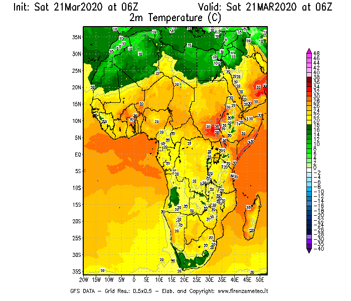 Mappa di analisi GFS - Temperatura a 2 metri dal suolo [°C] in Africa
							del 21/03/2020 06 <!--googleoff: index-->UTC<!--googleon: index-->