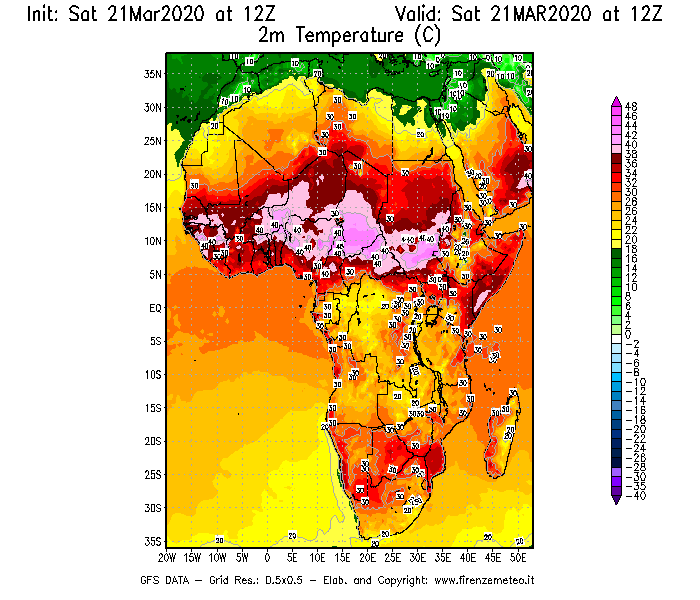 Mappa di analisi GFS - Temperatura a 2 metri dal suolo [°C] in Africa
									del 21/03/2020 12 <!--googleoff: index-->UTC<!--googleon: index-->