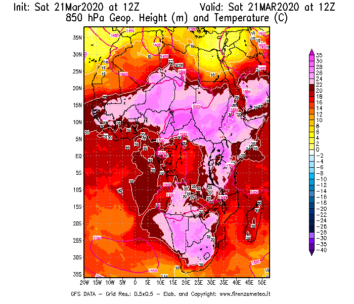 Mappa di analisi GFS - Geopotenziale [m] e Temperatura [°C] a 850 hPa in Africa
							del 21/03/2020 12 <!--googleoff: index-->UTC<!--googleon: index-->