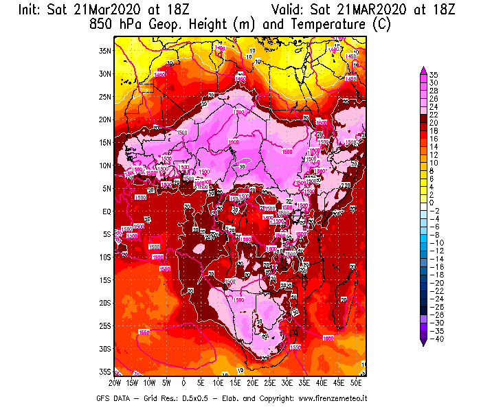 Mappa di analisi GFS - Geopotenziale [m] e Temperatura [°C] a 850 hPa in Africa
									del 21/03/2020 18 <!--googleoff: index-->UTC<!--googleon: index-->