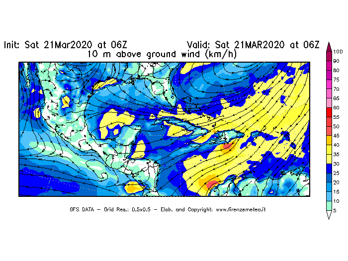 Mappa di analisi GFS - Velocità del vento a 10 metri dal suolo [km/h] in Centro-America
									del 21/03/2020 06 <!--googleoff: index-->UTC<!--googleon: index-->