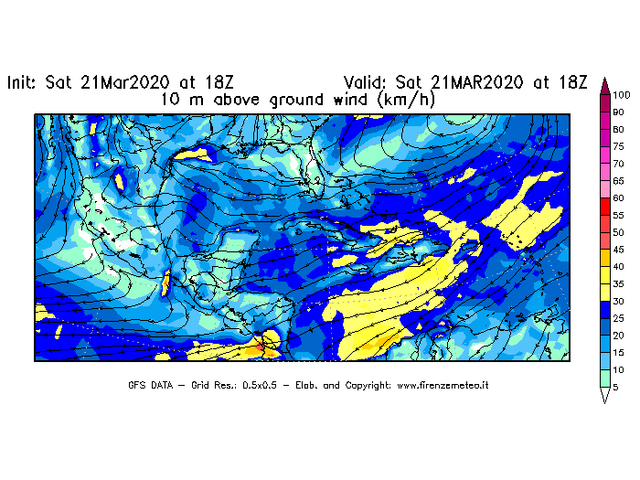 Mappa di analisi GFS - Velocità del vento a 10 metri dal suolo [km/h] in Centro-America
							del 21/03/2020 18 <!--googleoff: index-->UTC<!--googleon: index-->