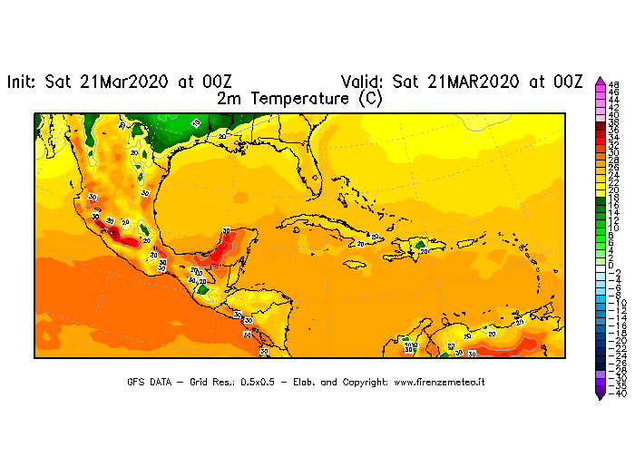 Mappa di analisi GFS - Temperatura a 2 metri dal suolo [°C] in Centro-America
							del 21/03/2020 00 <!--googleoff: index-->UTC<!--googleon: index-->