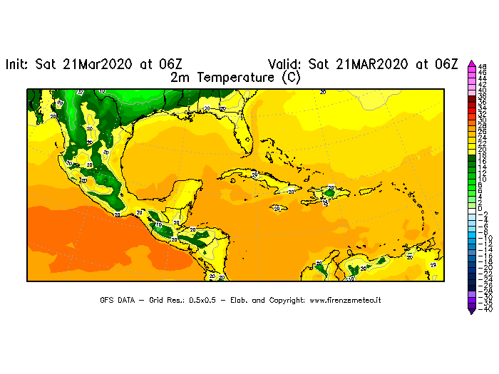 Mappa di analisi GFS - Temperatura a 2 metri dal suolo [°C] in Centro-America
							del 21/03/2020 06 <!--googleoff: index-->UTC<!--googleon: index-->