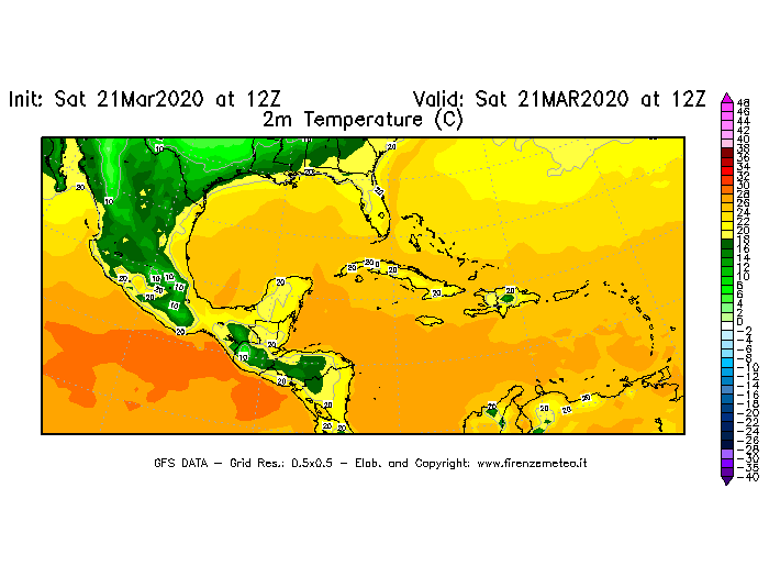 Mappa di analisi GFS - Temperatura a 2 metri dal suolo [°C] in Centro-America
									del 21/03/2020 12 <!--googleoff: index-->UTC<!--googleon: index-->