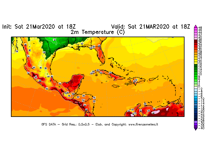 Mappa di analisi GFS - Temperatura a 2 metri dal suolo [°C] in Centro-America
							del 21/03/2020 18 <!--googleoff: index-->UTC<!--googleon: index-->