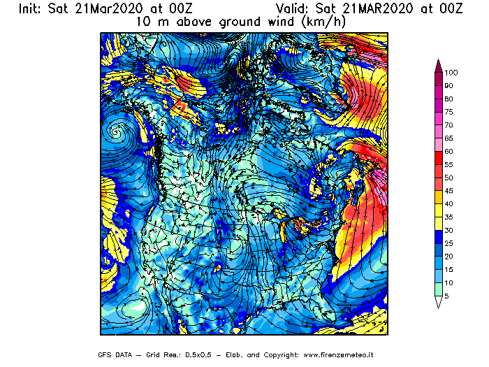 Mappa di analisi GFS - Velocità del vento a 10 metri dal suolo [km/h] in Nord-America
							del 21/03/2020 00 <!--googleoff: index-->UTC<!--googleon: index-->
