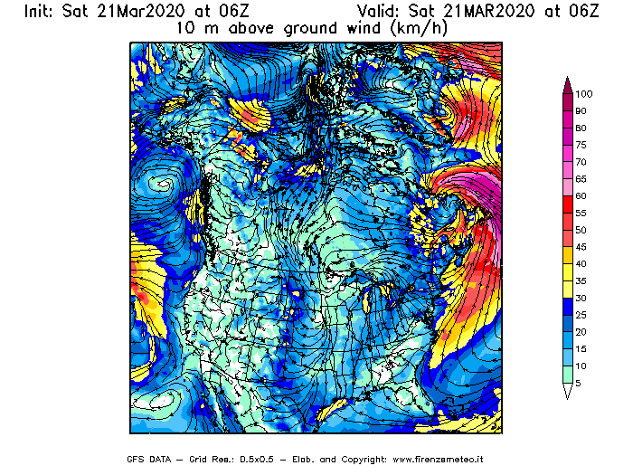 Mappa di analisi GFS - Velocità del vento a 10 metri dal suolo [km/h] in Nord-America
									del 21/03/2020 06 <!--googleoff: index-->UTC<!--googleon: index-->