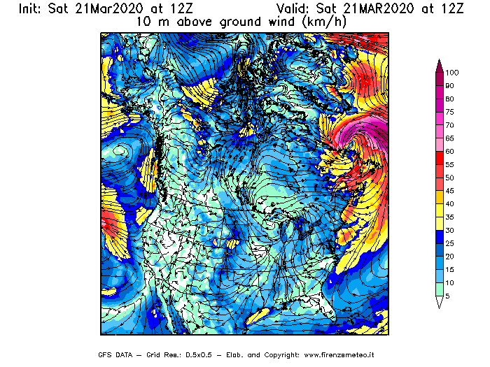 Mappa di analisi GFS - Velocità del vento a 10 metri dal suolo [km/h] in Nord-America
									del 21/03/2020 12 <!--googleoff: index-->UTC<!--googleon: index-->