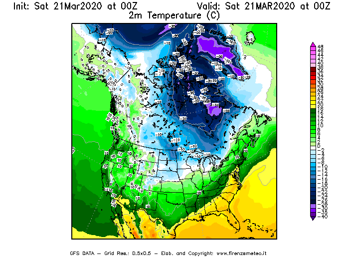 Mappa di analisi GFS - Temperatura a 2 metri dal suolo [°C] in Nord-America
									del 21/03/2020 00 <!--googleoff: index-->UTC<!--googleon: index-->