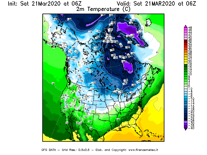 Mappa di analisi GFS - Temperatura a 2 metri dal suolo [°C] in Nord-America
									del 21/03/2020 06 <!--googleoff: index-->UTC<!--googleon: index-->