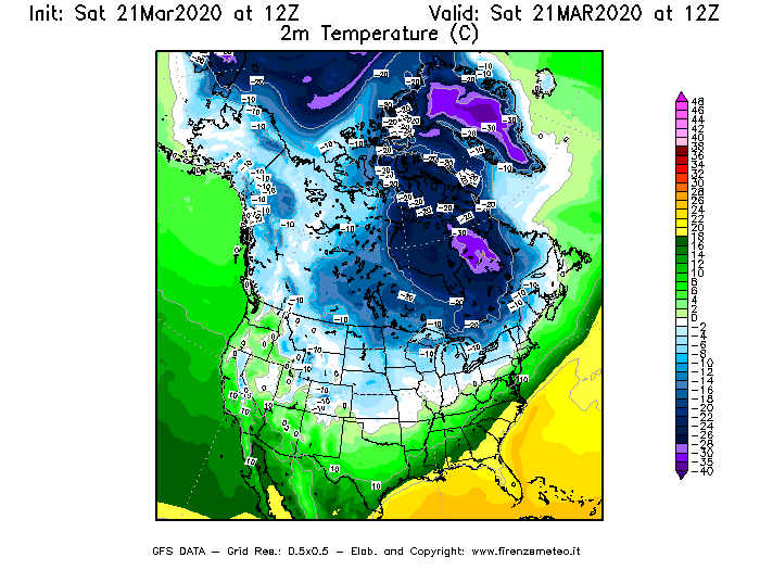 Mappa di analisi GFS - Temperatura a 2 metri dal suolo [°C] in Nord-America
									del 21/03/2020 12 <!--googleoff: index-->UTC<!--googleon: index-->