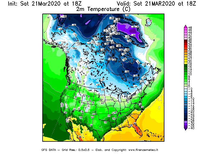 Mappa di analisi GFS - Temperatura a 2 metri dal suolo [°C] in Nord-America
							del 21/03/2020 18 <!--googleoff: index-->UTC<!--googleon: index-->