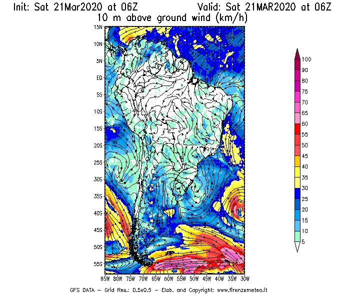 Mappa di analisi GFS - Velocità del vento a 10 metri dal suolo [km/h] in Sud-America
									del 21/03/2020 06 <!--googleoff: index-->UTC<!--googleon: index-->