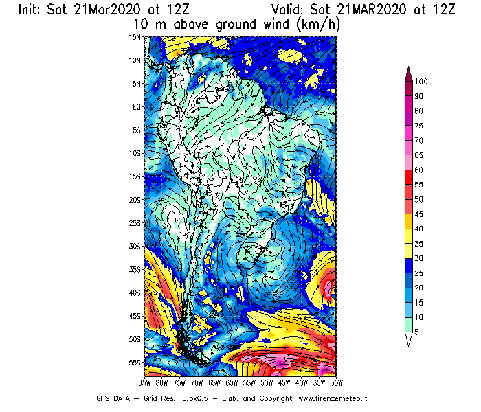 Mappa di analisi GFS - Velocità del vento a 10 metri dal suolo [km/h] in Sud-America
									del 21/03/2020 12 <!--googleoff: index-->UTC<!--googleon: index-->