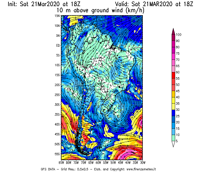Mappa di analisi GFS - Velocità del vento a 10 metri dal suolo [km/h] in Sud-America
									del 21/03/2020 18 <!--googleoff: index-->UTC<!--googleon: index-->