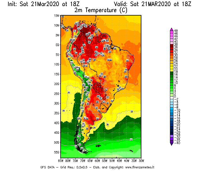 Mappa di analisi GFS - Temperatura a 2 metri dal suolo [°C] in Sud-America
							del 21/03/2020 18 <!--googleoff: index-->UTC<!--googleon: index-->