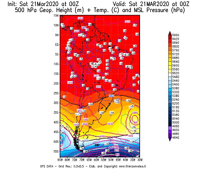 Mappa di analisi GFS - Geopotenziale [m] + Temp. [°C] a 500 hPa + Press. a livello del mare [hPa] in Sud-America
							del 21/03/2020 00 <!--googleoff: index-->UTC<!--googleon: index-->