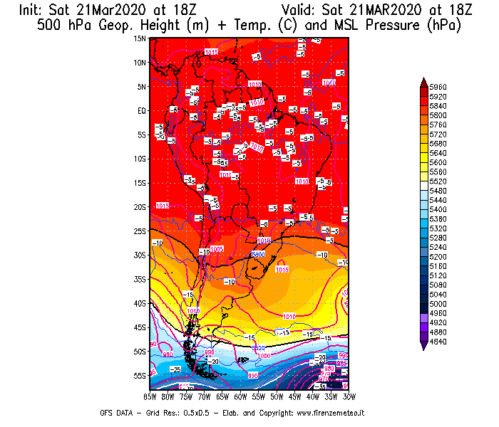 Mappa di analisi GFS - Geopotenziale [m] + Temp. [°C] a 500 hPa + Press. a livello del mare [hPa] in Sud-America
							del 21/03/2020 18 <!--googleoff: index-->UTC<!--googleon: index-->