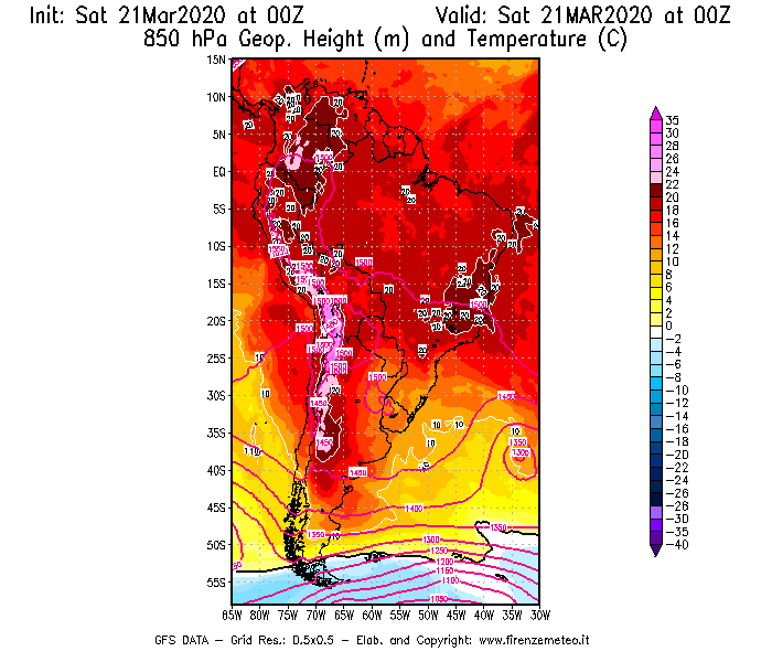 Mappa di analisi GFS - Geopotenziale [m] e Temperatura [°C] a 850 hPa in Sud-America
									del 21/03/2020 00 <!--googleoff: index-->UTC<!--googleon: index-->