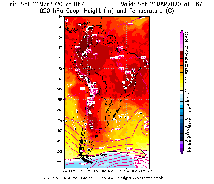 Mappa di analisi GFS - Geopotenziale [m] e Temperatura [°C] a 850 hPa in Sud-America
							del 21/03/2020 06 <!--googleoff: index-->UTC<!--googleon: index-->