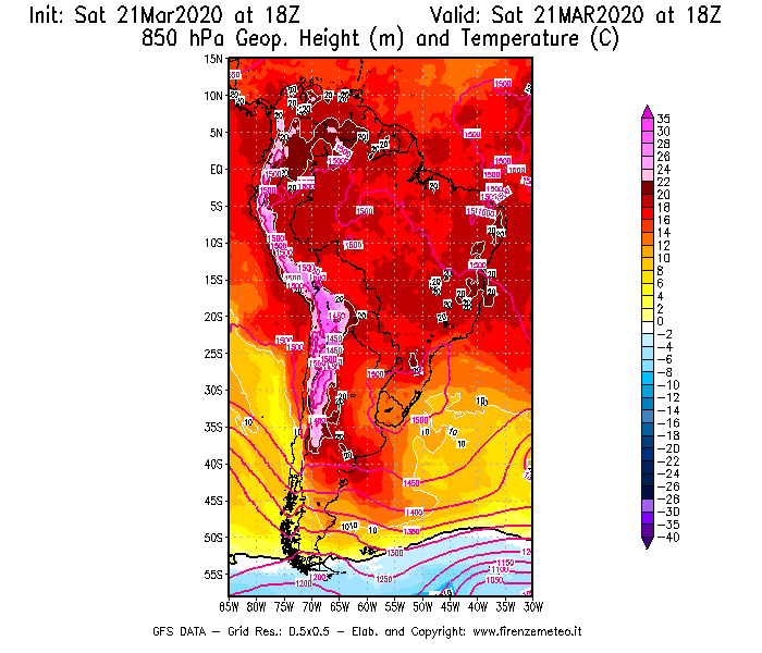 Mappa di analisi GFS - Geopotenziale [m] e Temperatura [°C] a 850 hPa in Sud-America
							del 21/03/2020 18 <!--googleoff: index-->UTC<!--googleon: index-->