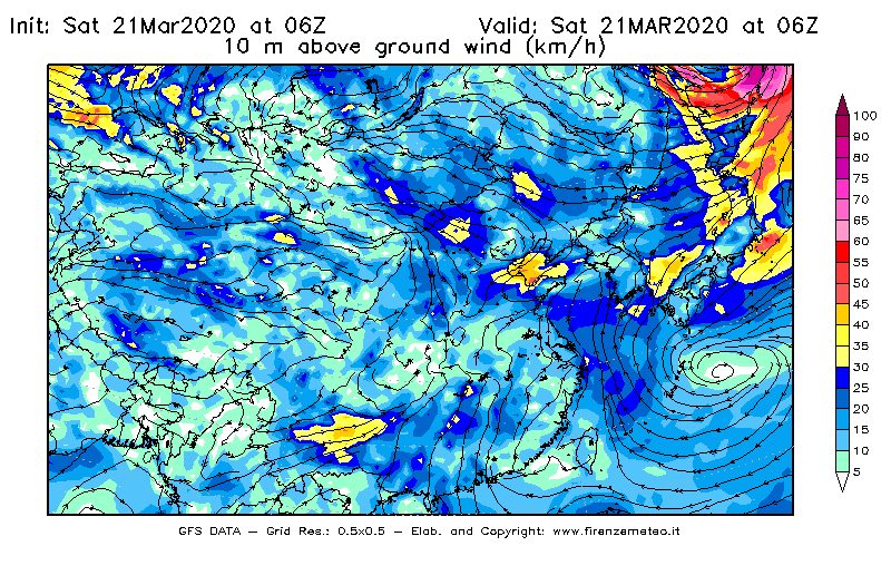 Mappa di analisi GFS - Velocità del vento a 10 metri dal suolo [km/h] in Asia Orientale
									del 21/03/2020 06 <!--googleoff: index-->UTC<!--googleon: index-->