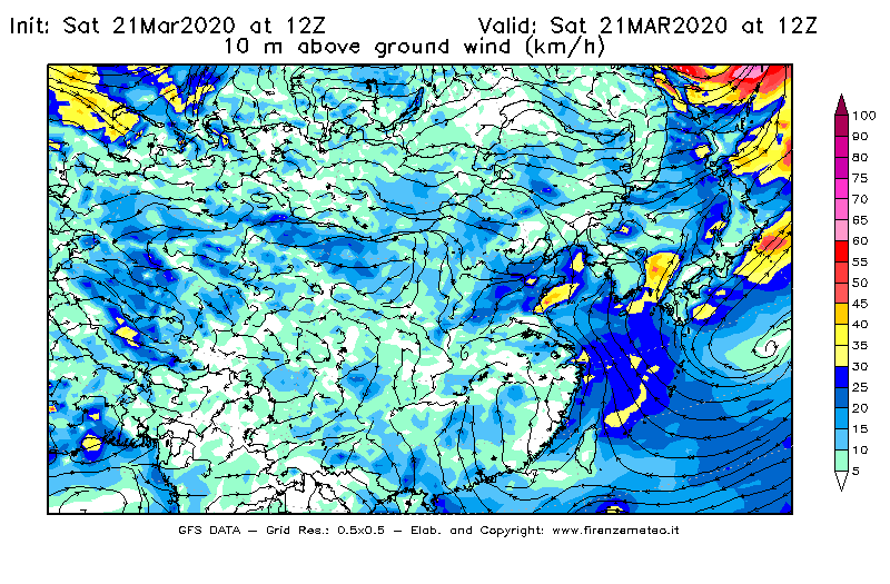 Mappa di analisi GFS - Velocità del vento a 10 metri dal suolo [km/h] in Asia Orientale
							del 21/03/2020 12 <!--googleoff: index-->UTC<!--googleon: index-->